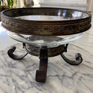 Unique Vintage Glass Bowl and Bronze Iron Verdigris Stand / Metal Verdigris Rim